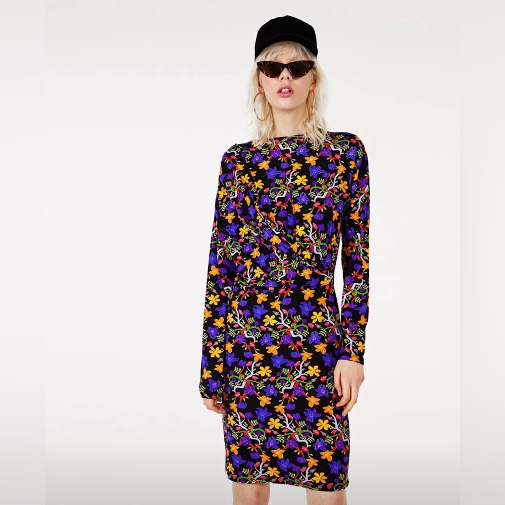 NWT Zara Black Floral Colorful Stretch Straight‎ Bold Draped Dress Small S 4